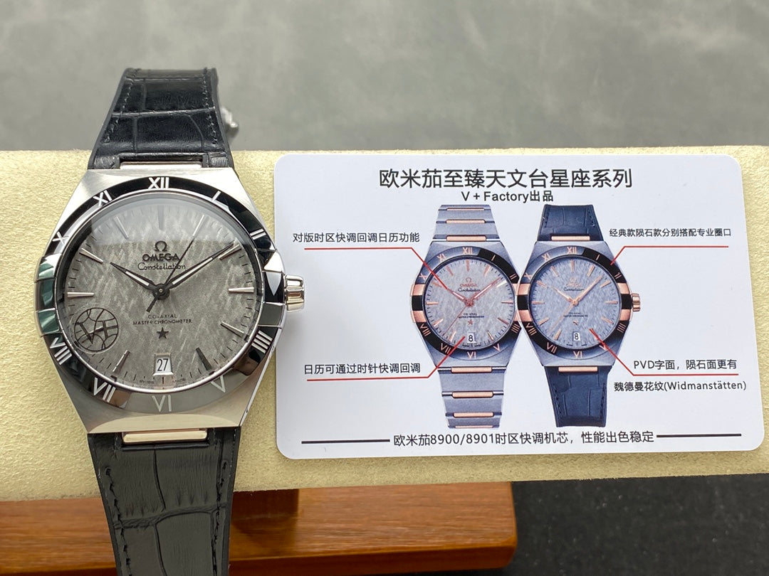 WATCH OMEGA CONSTELLATION CO AXIAL MASTER CHRONOMETER 41 MM SILVER CASE WITH BLACK LEATHER STRAP