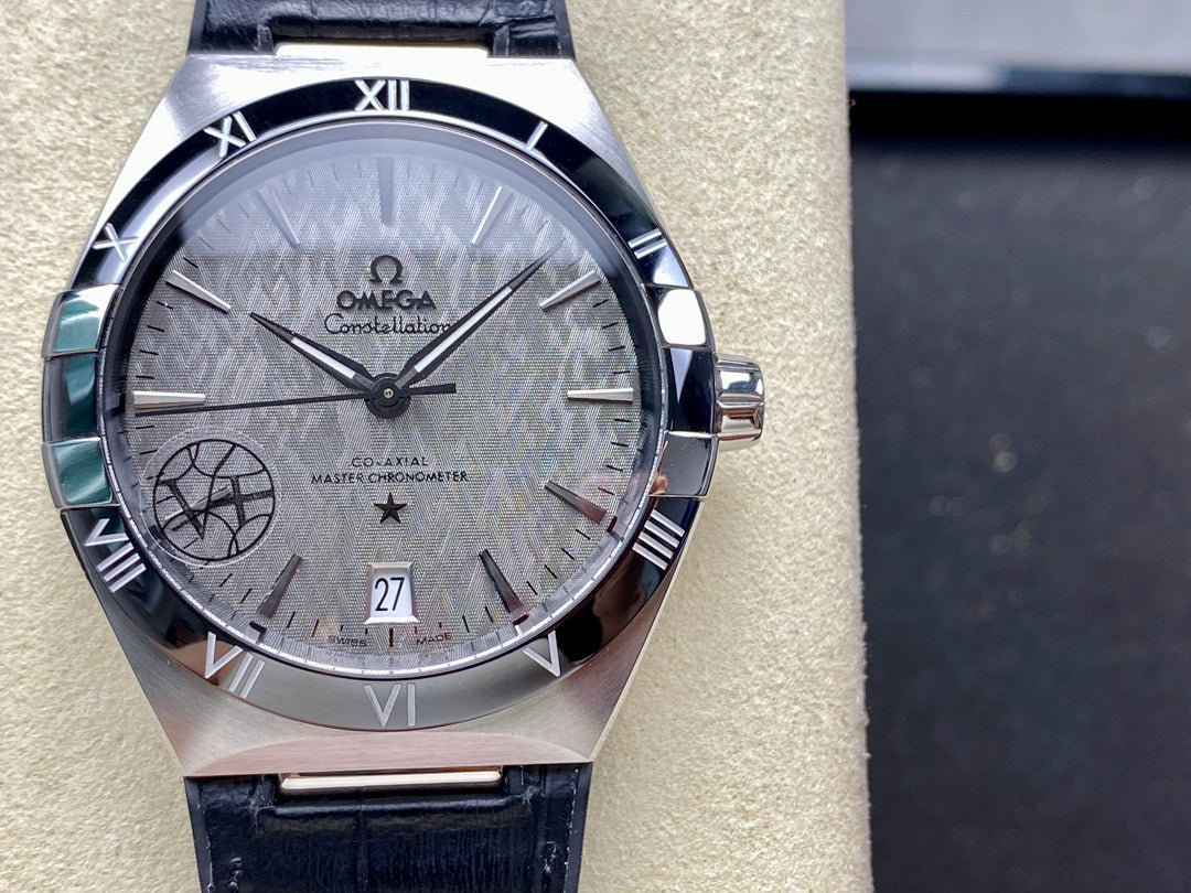 WATCH OMEGA CONSTELLATION CO AXIAL MASTER CHRONOMETER 41 MM SILVER CASE WITH BLACK LEATHER STRAP