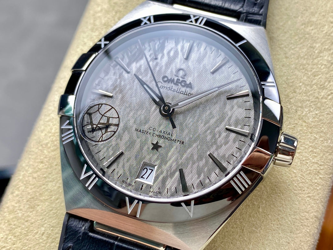 WATCH OMEGA CONSTELLATION CO AXIAL MASTER CHRONOMETER 41 MM SILVER CASE WITH BLACK LEATHER STRAP