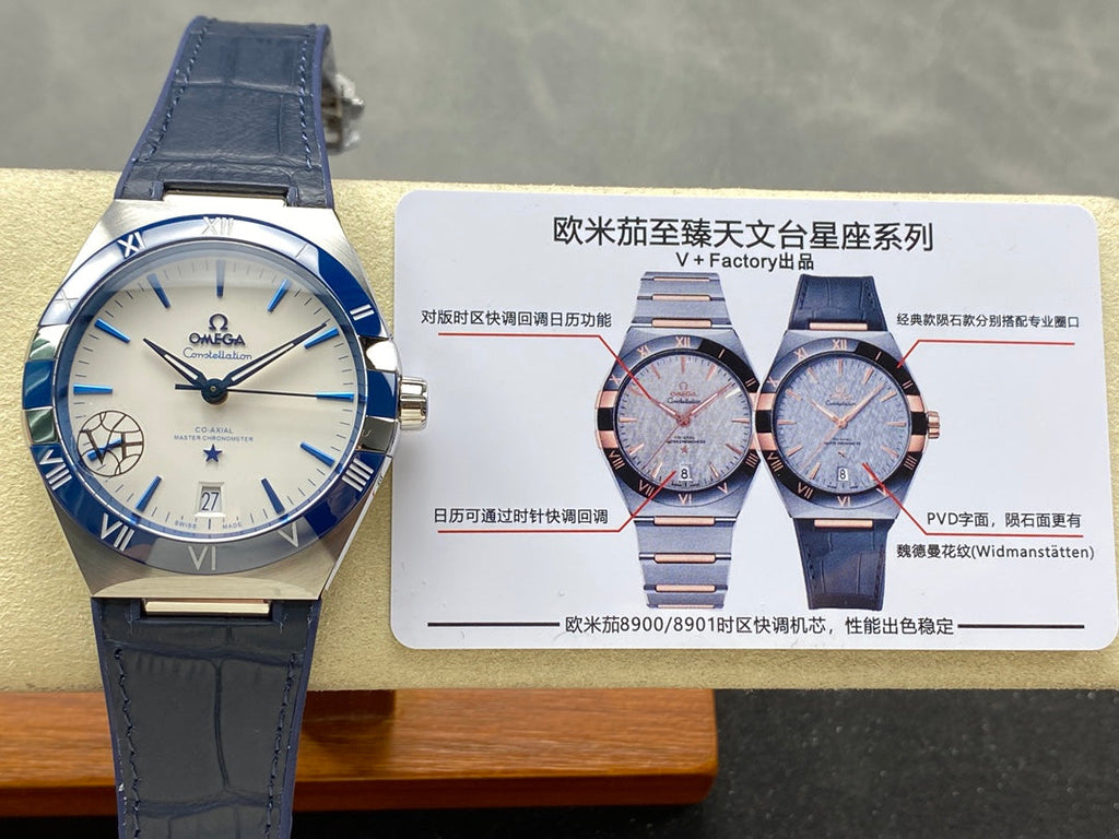 CONSTELLATION 41 MM STEEL CASE WITH WHITE DIAL AND NAVY BLUE LEATHER STRAP