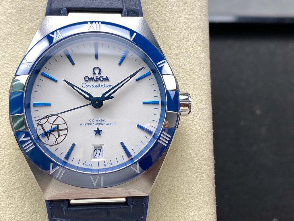 CONSTELLATION 41 MM STEEL CASE WITH WHITE DIAL AND NAVY BLUE LEATHER STRAP