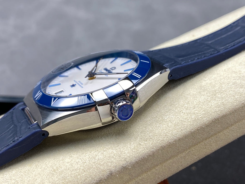 CONSTELLATION 41 MM STEEL CASE WITH WHITE DIAL AND NAVY BLUE LEATHER STRAP