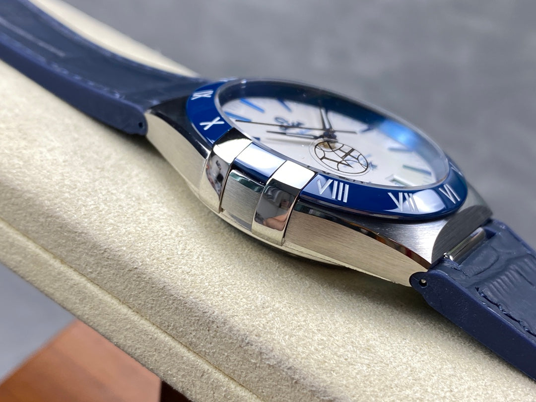 CONSTELLATION 41 MM STEEL CASE WITH WHITE DIAL AND NAVY BLUE LEATHER STRAP