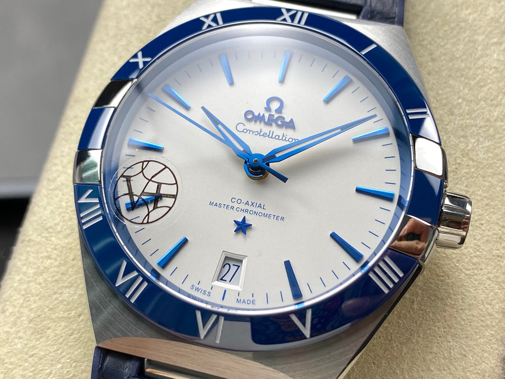 CONSTELLATION 41 MM STEEL CASE WITH WHITE DIAL AND NAVY BLUE LEATHER STRAP