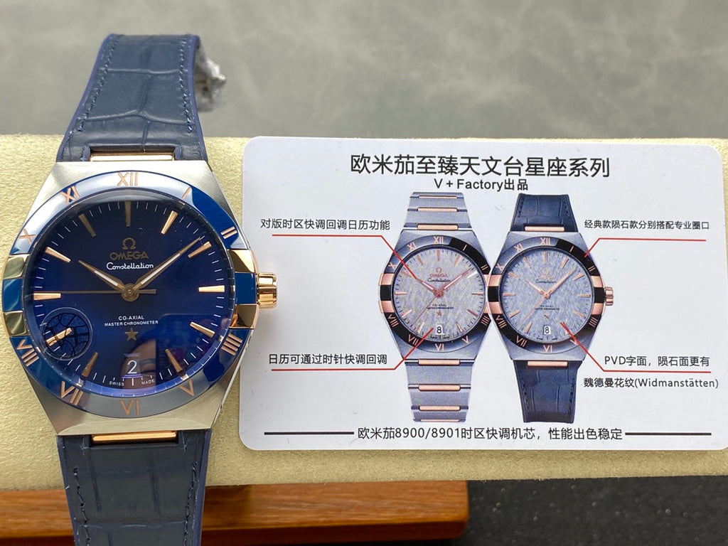 CONSTELLATION 41 MM STEEL CASE WITH NAVY DIAL AND LEATHER STRAP