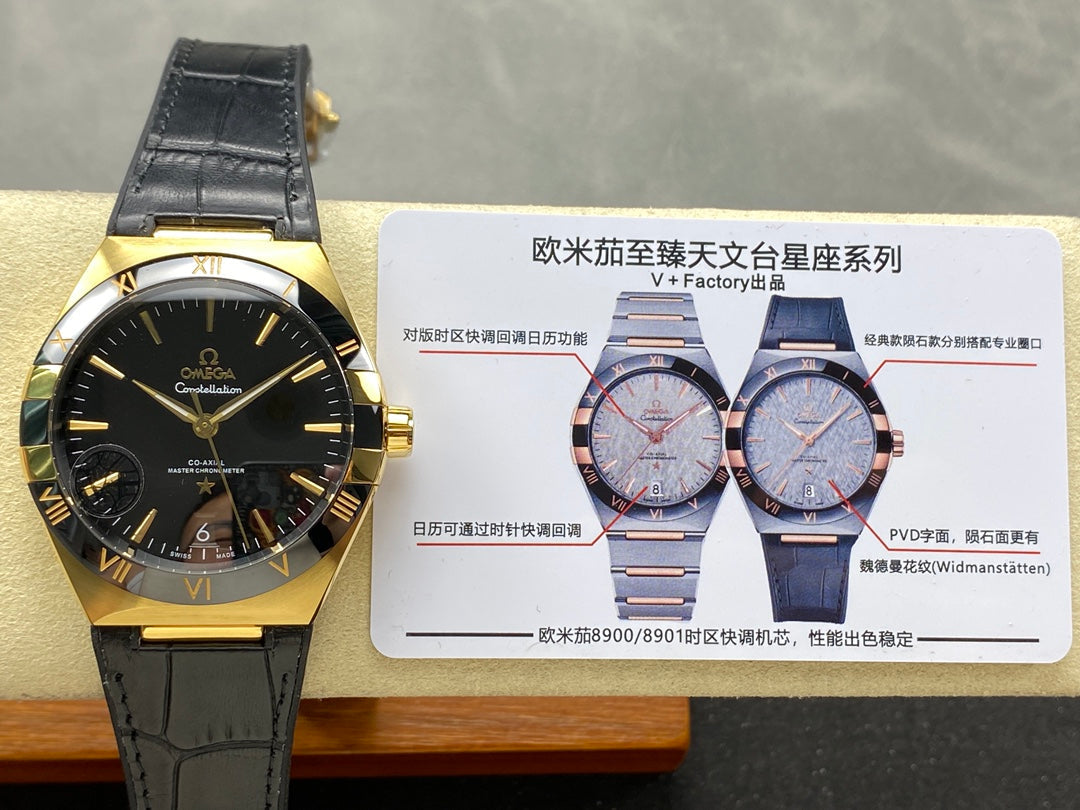 CONSTELLATION 39 MM WATCH YELLOW GOLD CASE WITH BLACK LEATHER STRAP