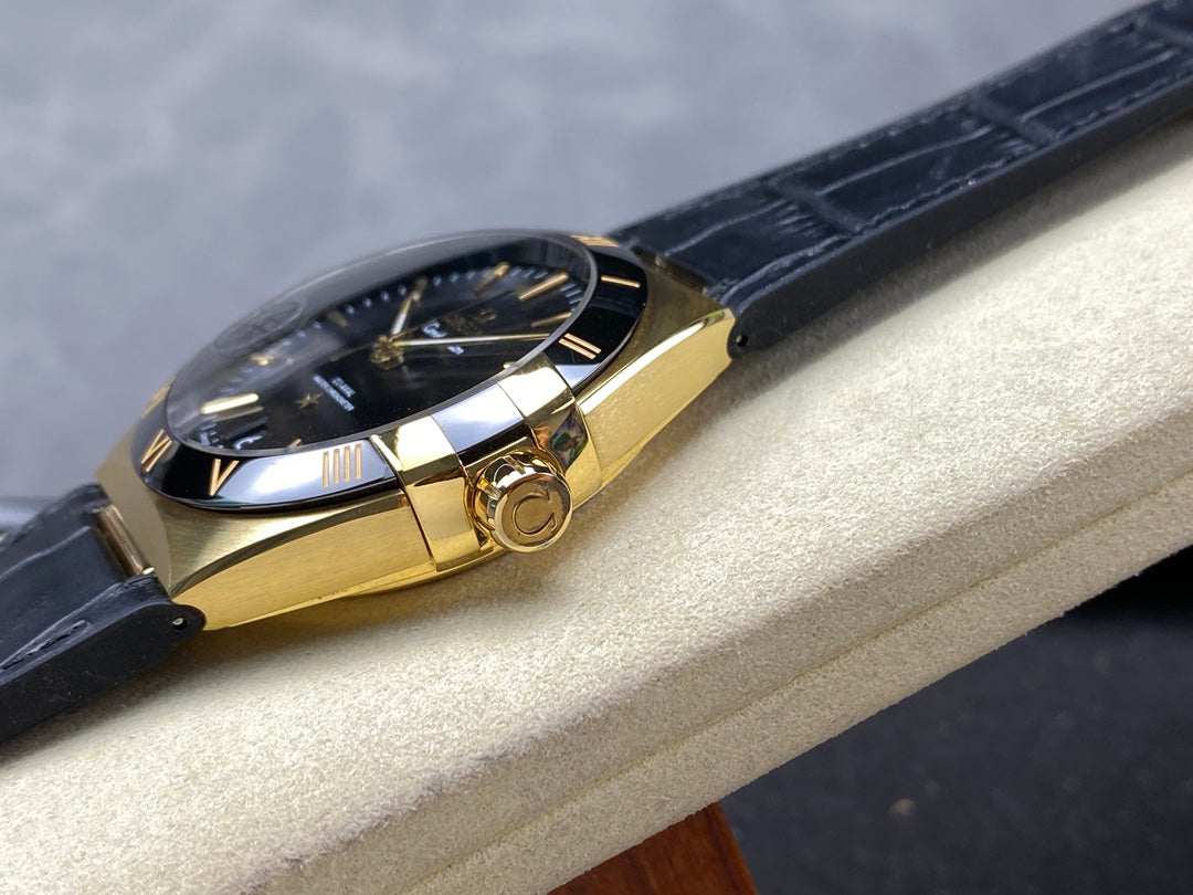 CONSTELLATION 39 MM WATCH YELLOW GOLD CASE WITH BLACK LEATHER STRAP
