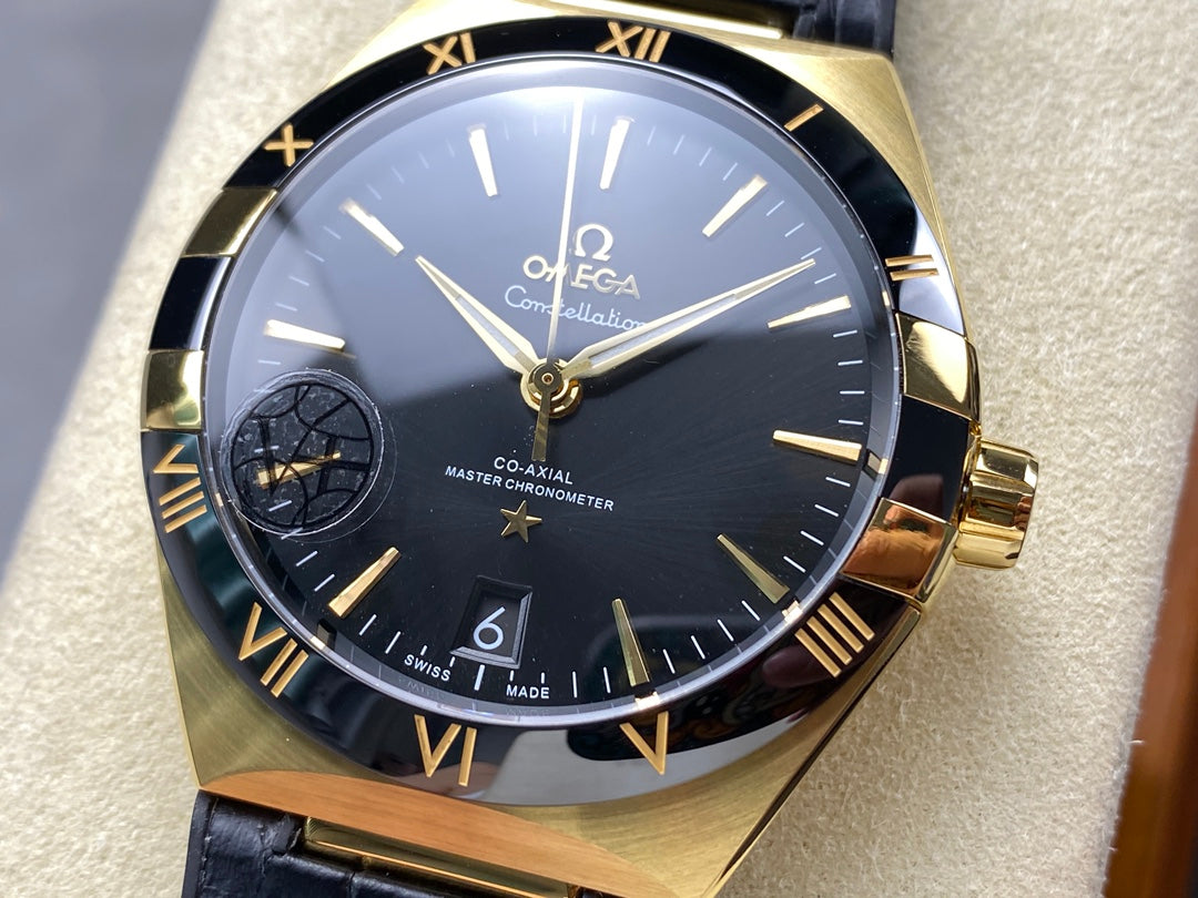 CONSTELLATION 39 MM WATCH YELLOW GOLD CASE WITH BLACK LEATHER STRAP