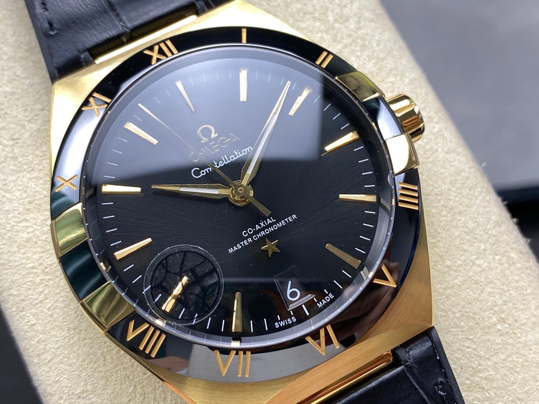 CONSTELLATION 39 MM WATCH YELLOW GOLD CASE WITH BLACK LEATHER STRAP