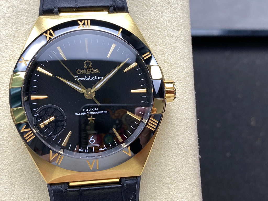 CONSTELLATION 39 MM WATCH YELLOW GOLD CASE WITH BLACK LEATHER STRAP