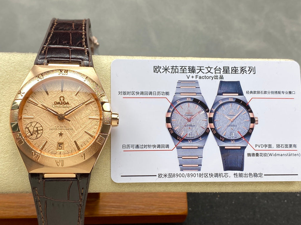CONSTELLATION 39 MM WATCH YELLOW GOLD CASE WITH HICKORY BROWN LEATHER STRAP
