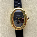 BAIGNOIRE MINI MODEL WATCH GOLD CASE WITH BLACK LEATHER STRAP