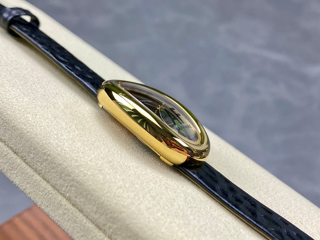 BAIGNOIRE MINI MODEL WATCH GOLD CASE WITH BLACK LEATHER STRAP