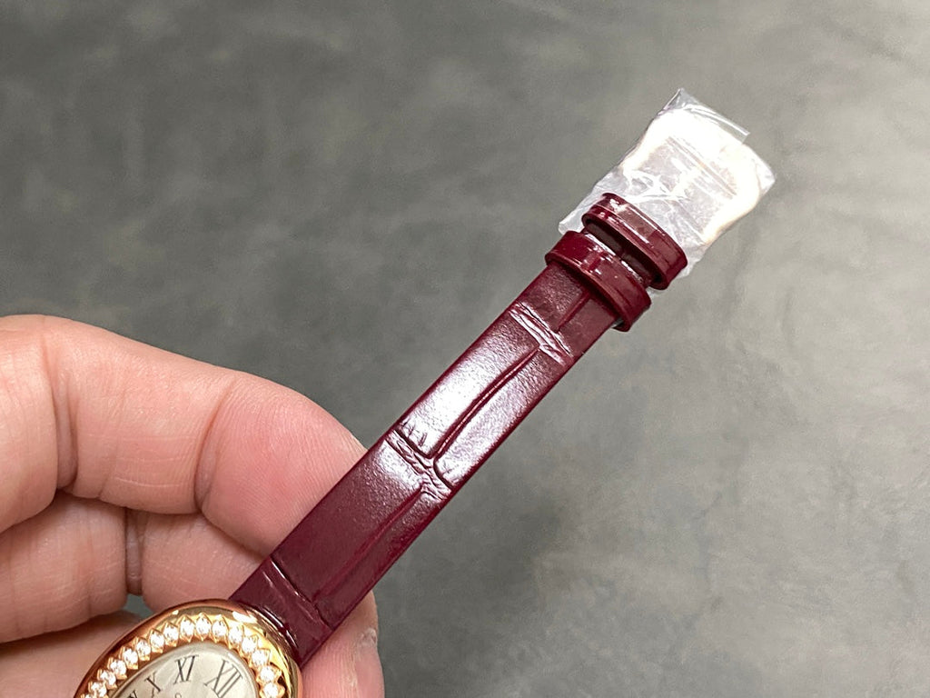 BAIGNOIRE MINI MODEL WATCH GOLD CASE WITH WINE RED LEATHER STRAP WITH CRYSTAL