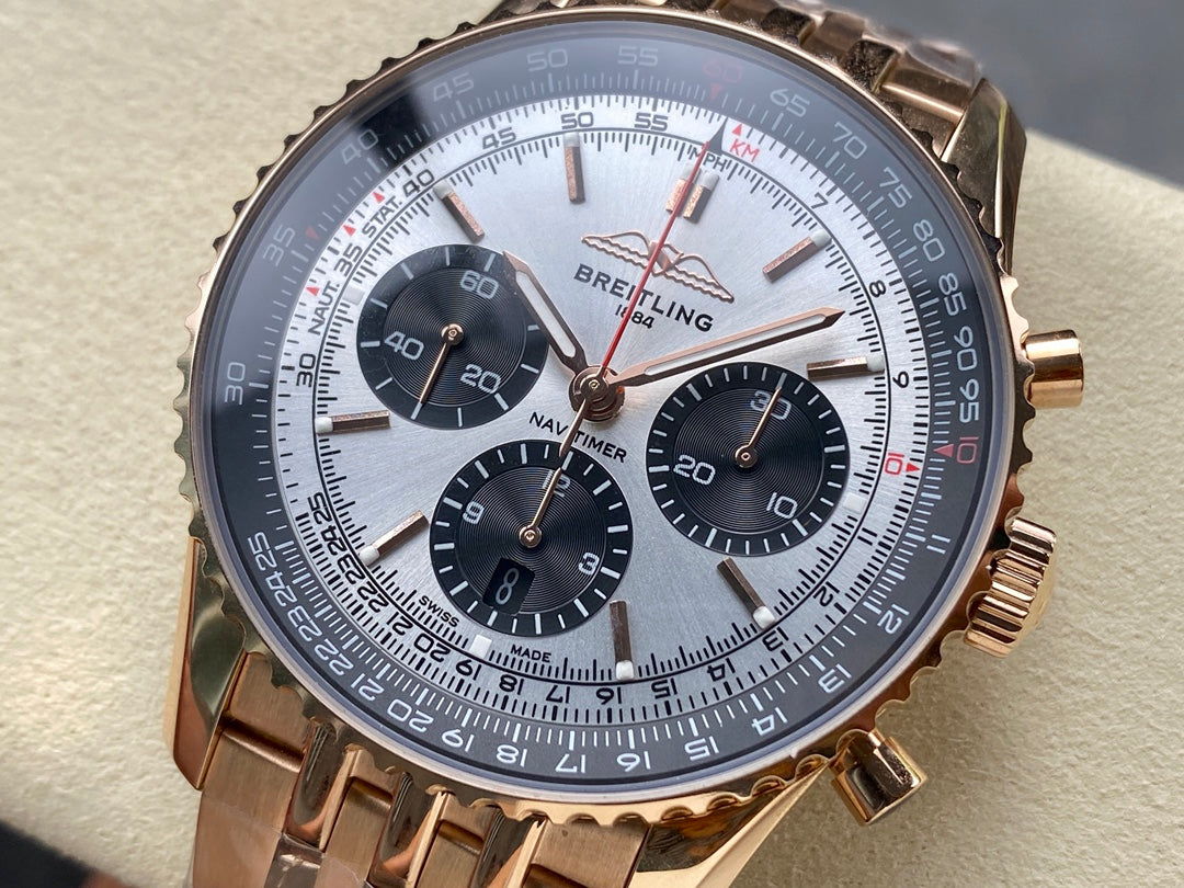 NAVITIMER B01 CHRONOGRAPH 43 ALL RED GOLD SILVER MIX BLACK DIAL
