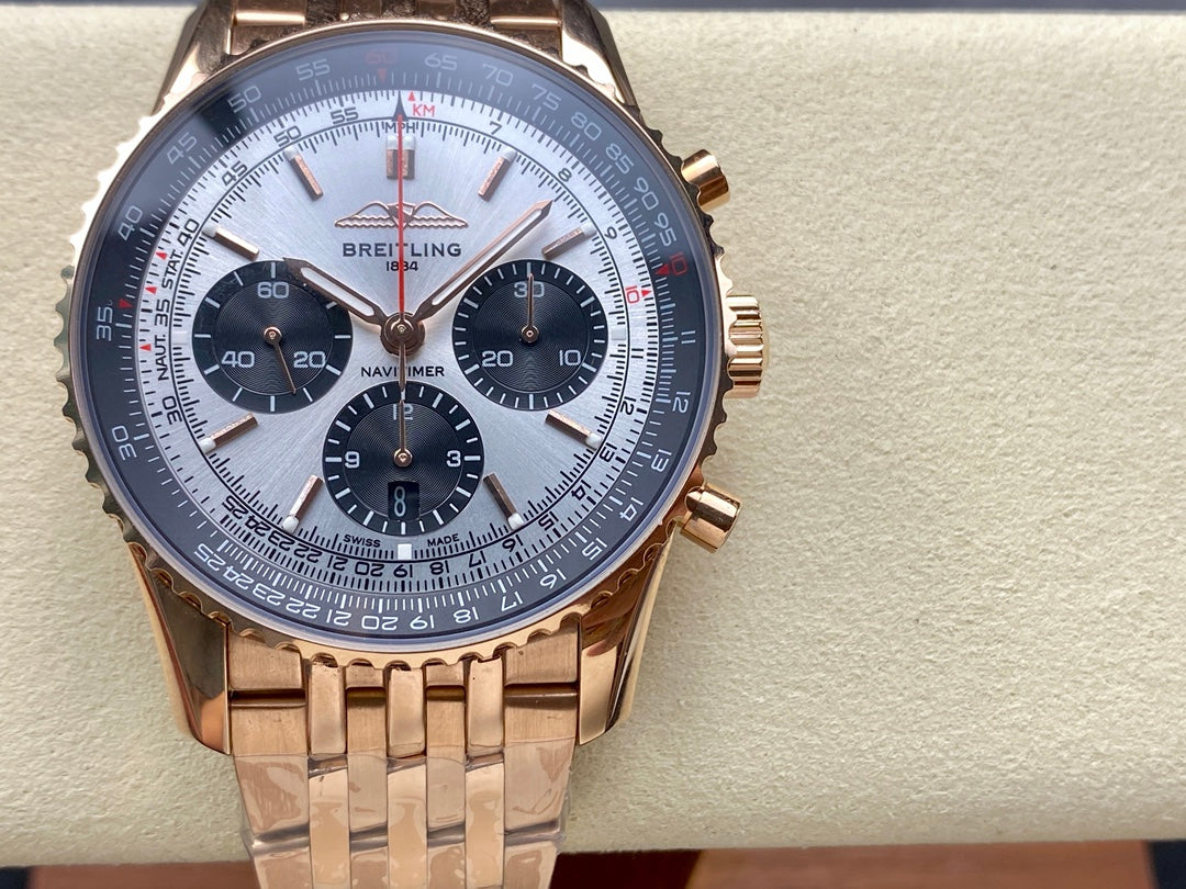 NAVITIMER B01 CHRONOGRAPH 43 ALL RED GOLD SILVER MIX BLACK DIAL