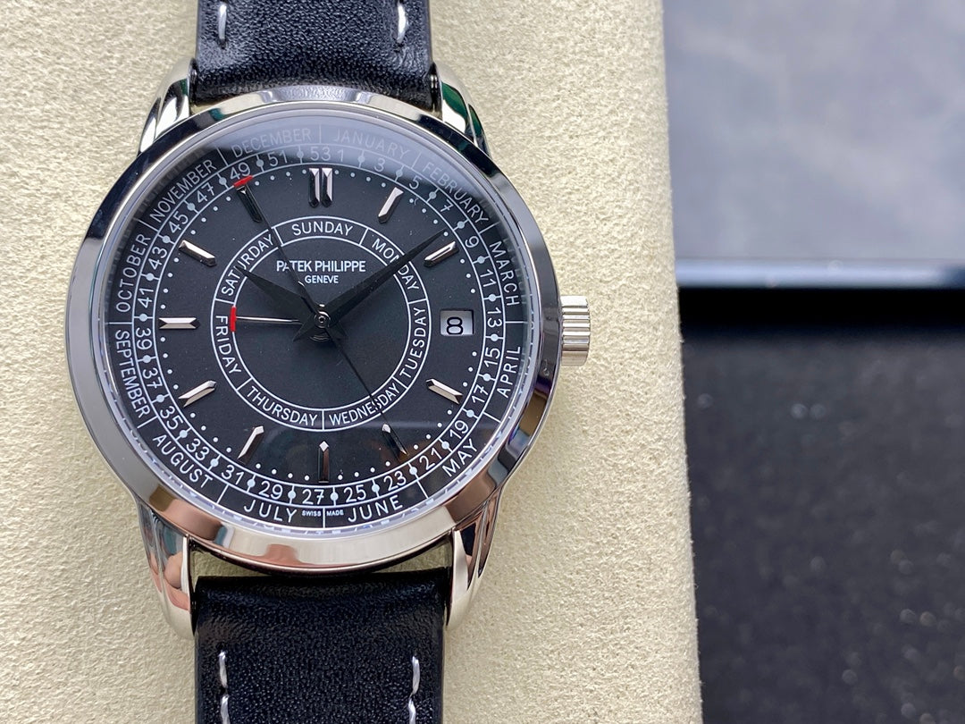 CALATRAVA STEEL CASE BLACK CALFSKIN STRAP