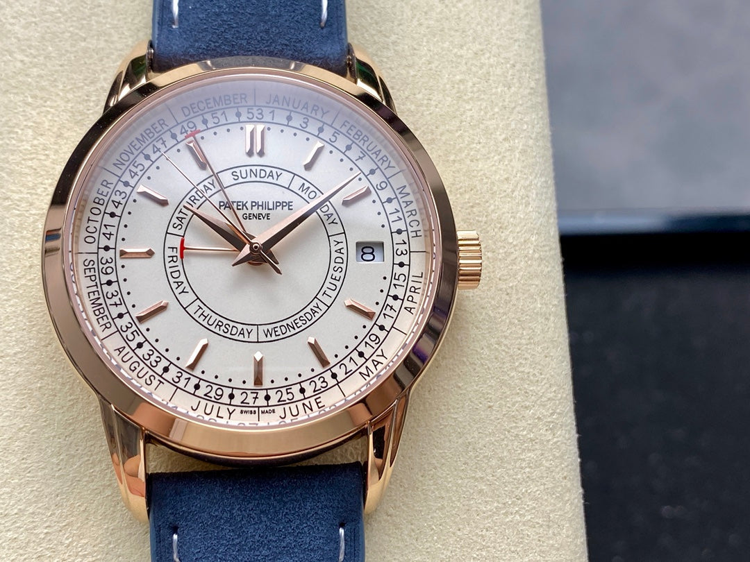 CALATRAVA ROSE GOLD CASE BLUE SUEDE STRAP