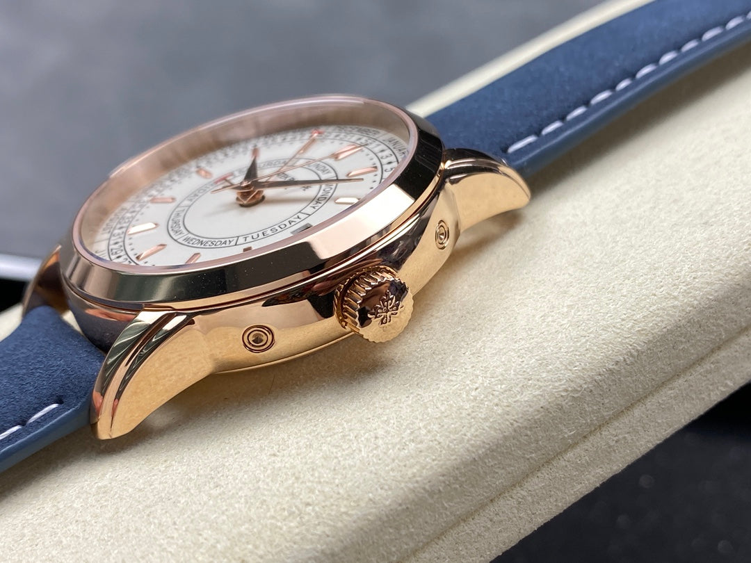 CALATRAVA ROSE GOLD CASE BLUE SUEDE STRAP