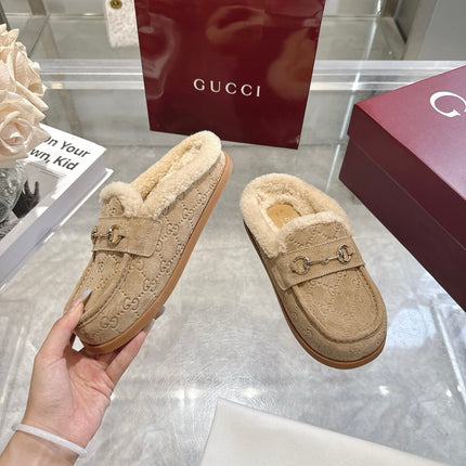 GUCCI 26S MULES IN BEIGE SUEDE GG LOGO PATTERN