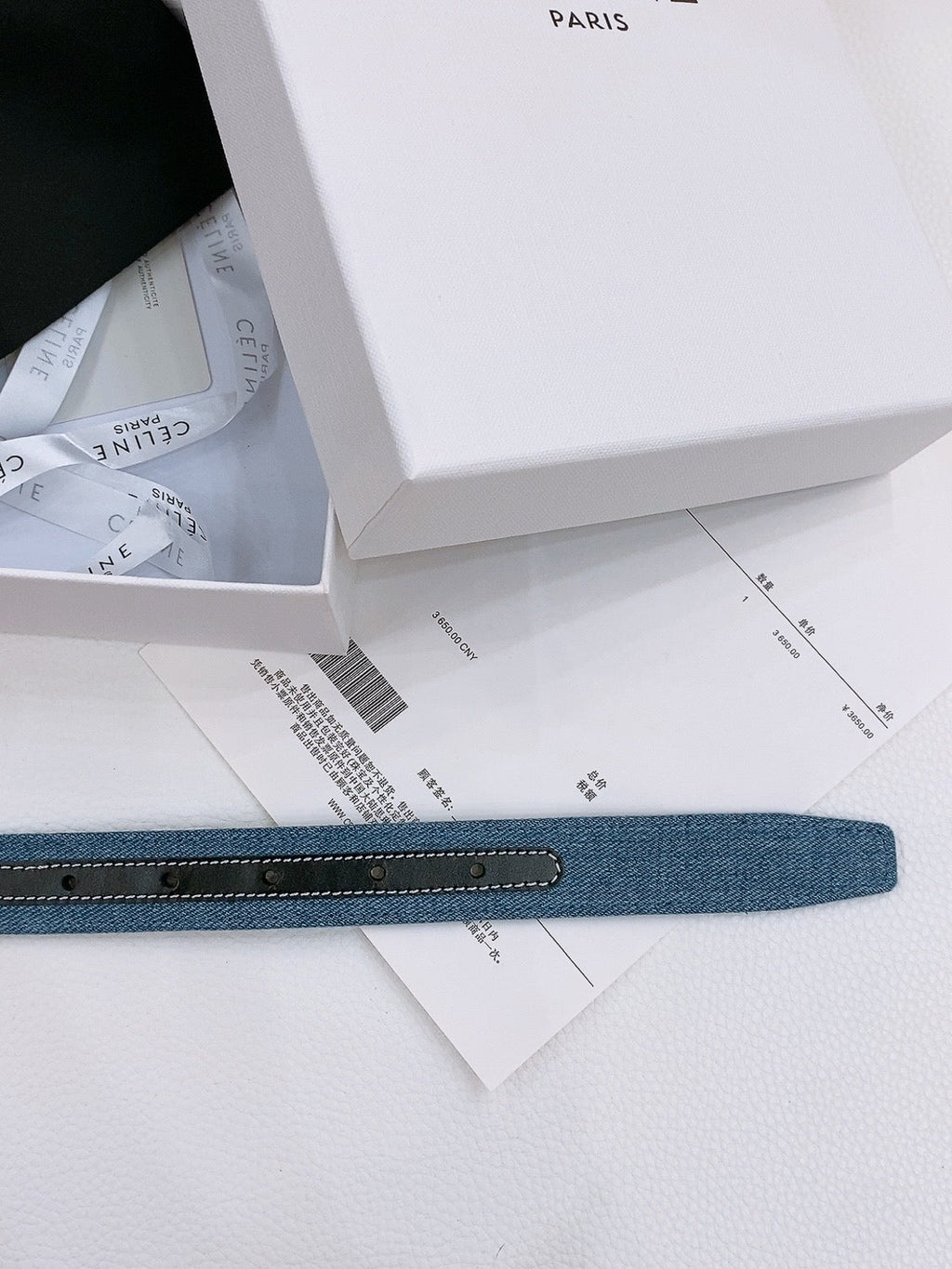 CELINE 25S BELT TRIOMPHE TAURILLON 25MM IN BLACK CALFSKIN AND DENIM 558348