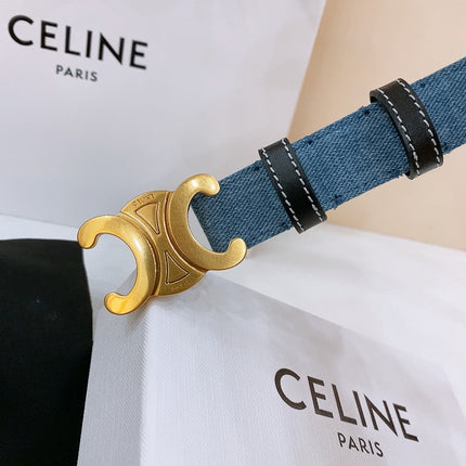CELINE 25S BELT TRIOMPHE TAURILLON 25MM IN BLACK CALFSKIN AND DENIM 558349