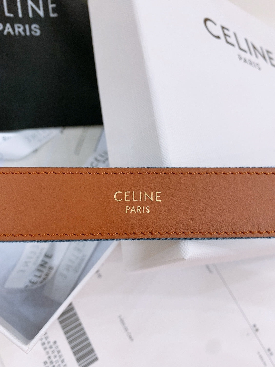 CELINE 25S BELT TRIOMPHE TAURILLON 25MM IN BROWN CALFSKIN AND DENIM 558357