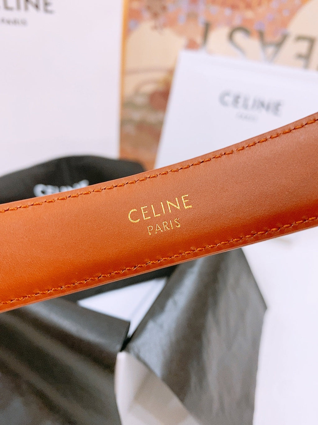 CELINE 25S BELT 25MM WITH ARC DE TRIOMPHE BUCKLE IN DARK CARAMEL 571499