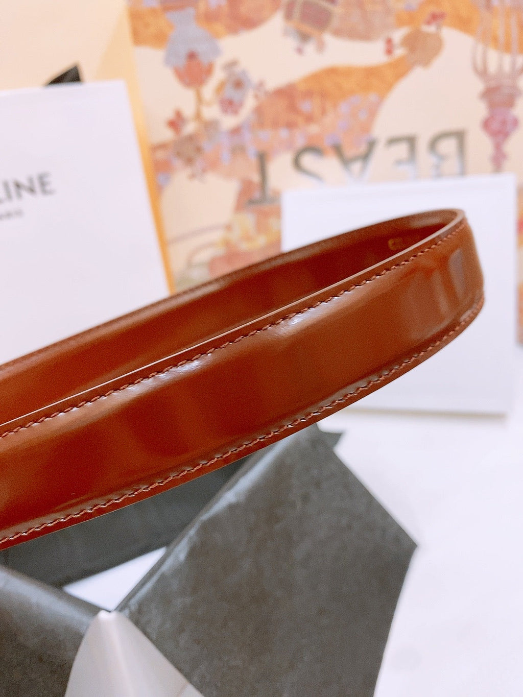 CELINE 25S BELT 25MM WITH ARC DE TRIOMPHE BUCKLE IN BURNT UMBER 571500