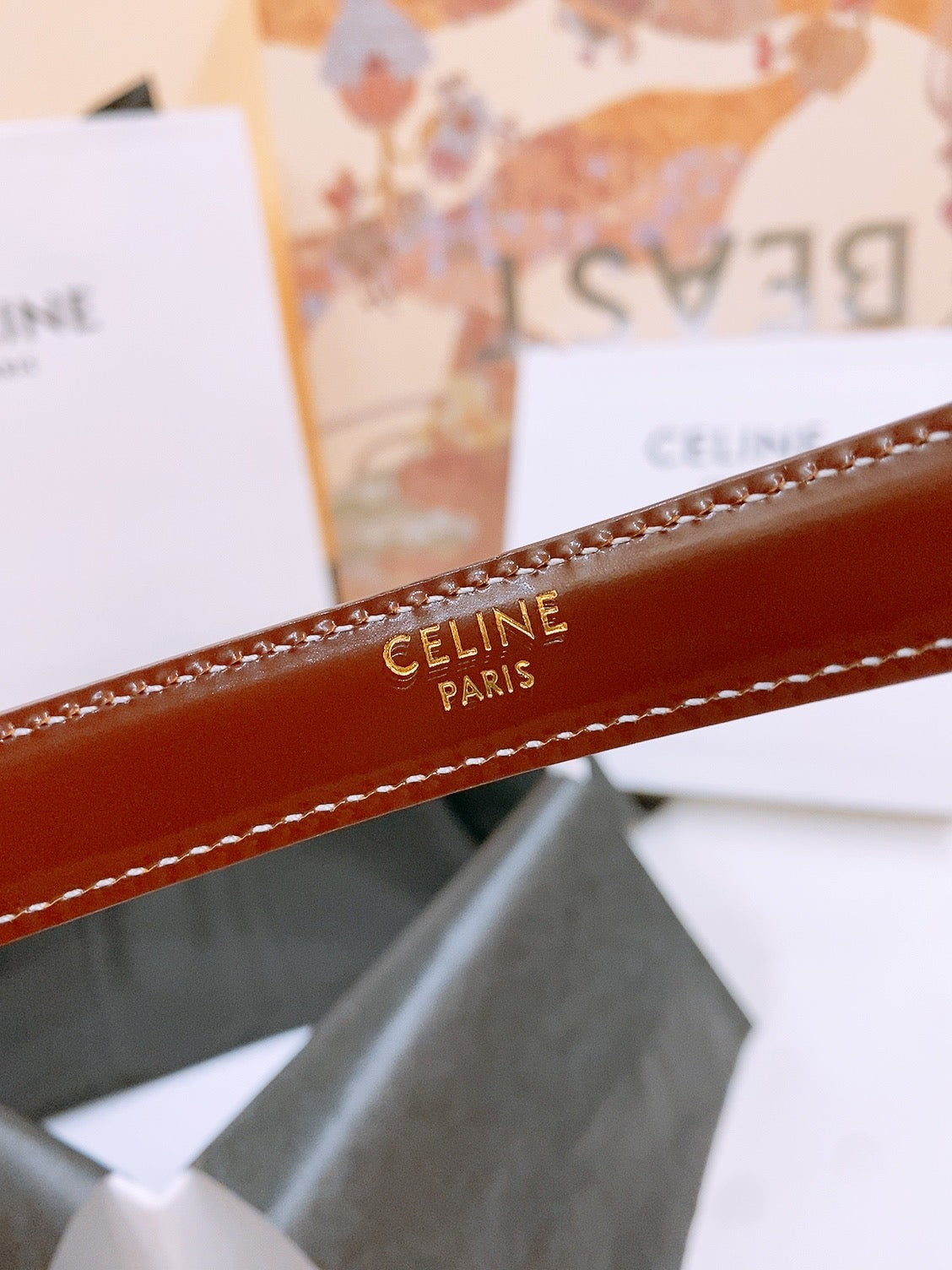 CELINE 25S BELT 18MM WITH ARC DE TRIOMPHE BUCKLE IN BURNT UMBER 571505