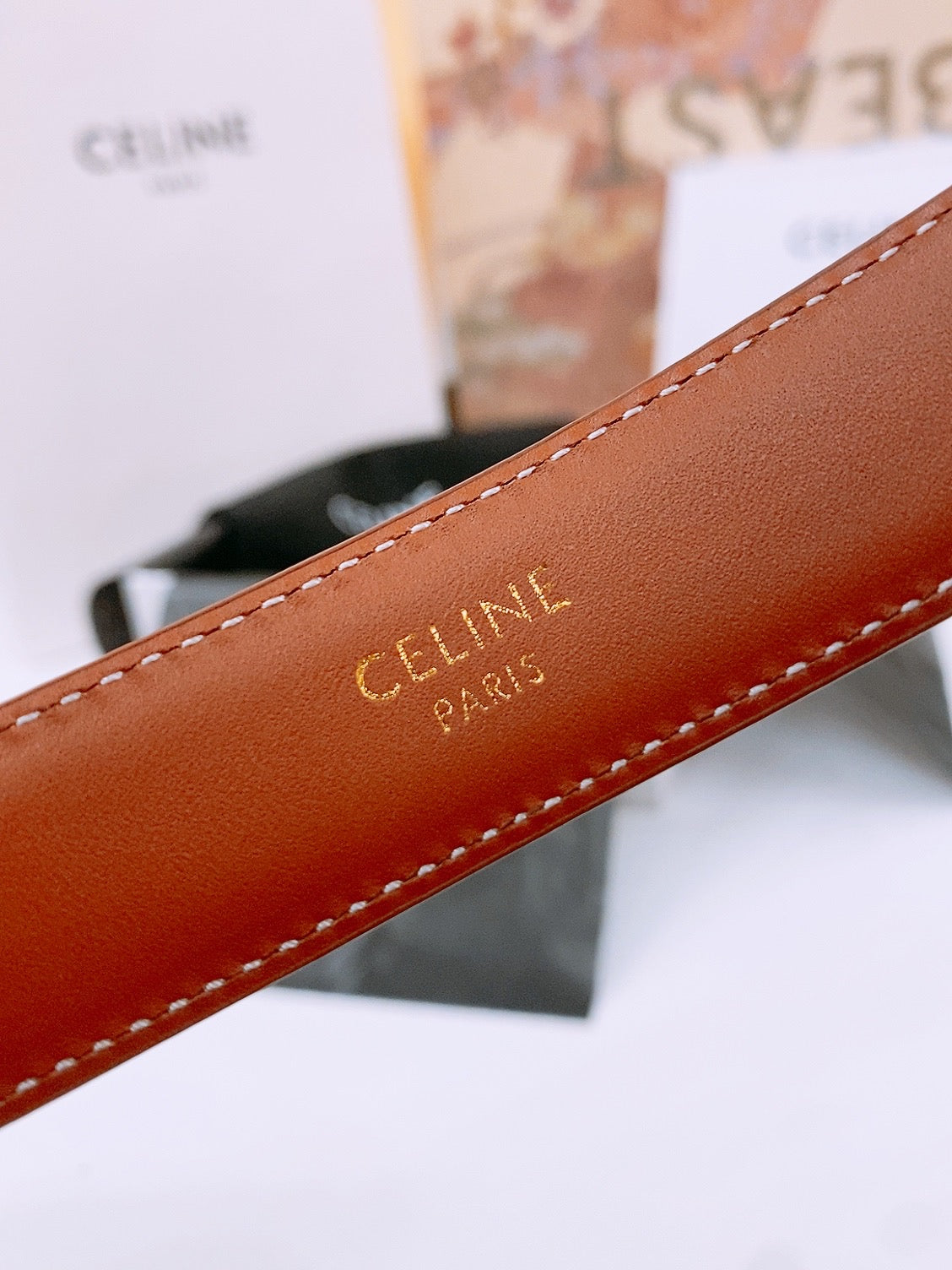 CELINE 25S TRIOMPHE BELT 25MM IN DARK CARAMEL CALFSKIN GOLD HARDWARE 570967