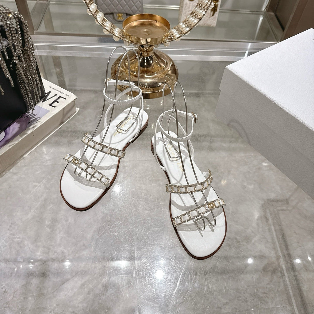 FLAT SANDALS 25S IN WHITE CALFSKIN RHINESTONES STRAP