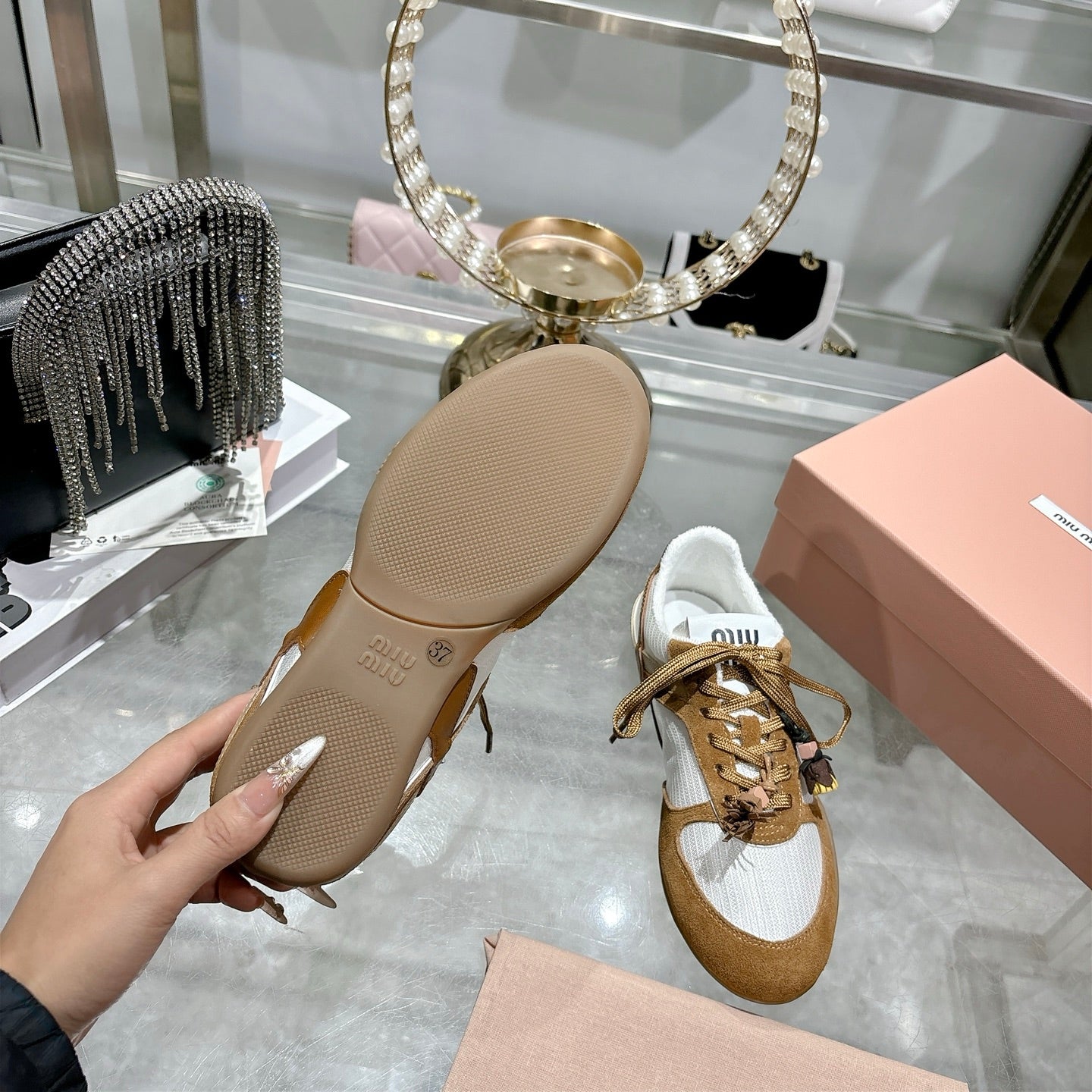 MIUMIU 26S LACE UP SNEAKERS IN BROWN SUEDE WHITE FABRIC CHARM DETAIL