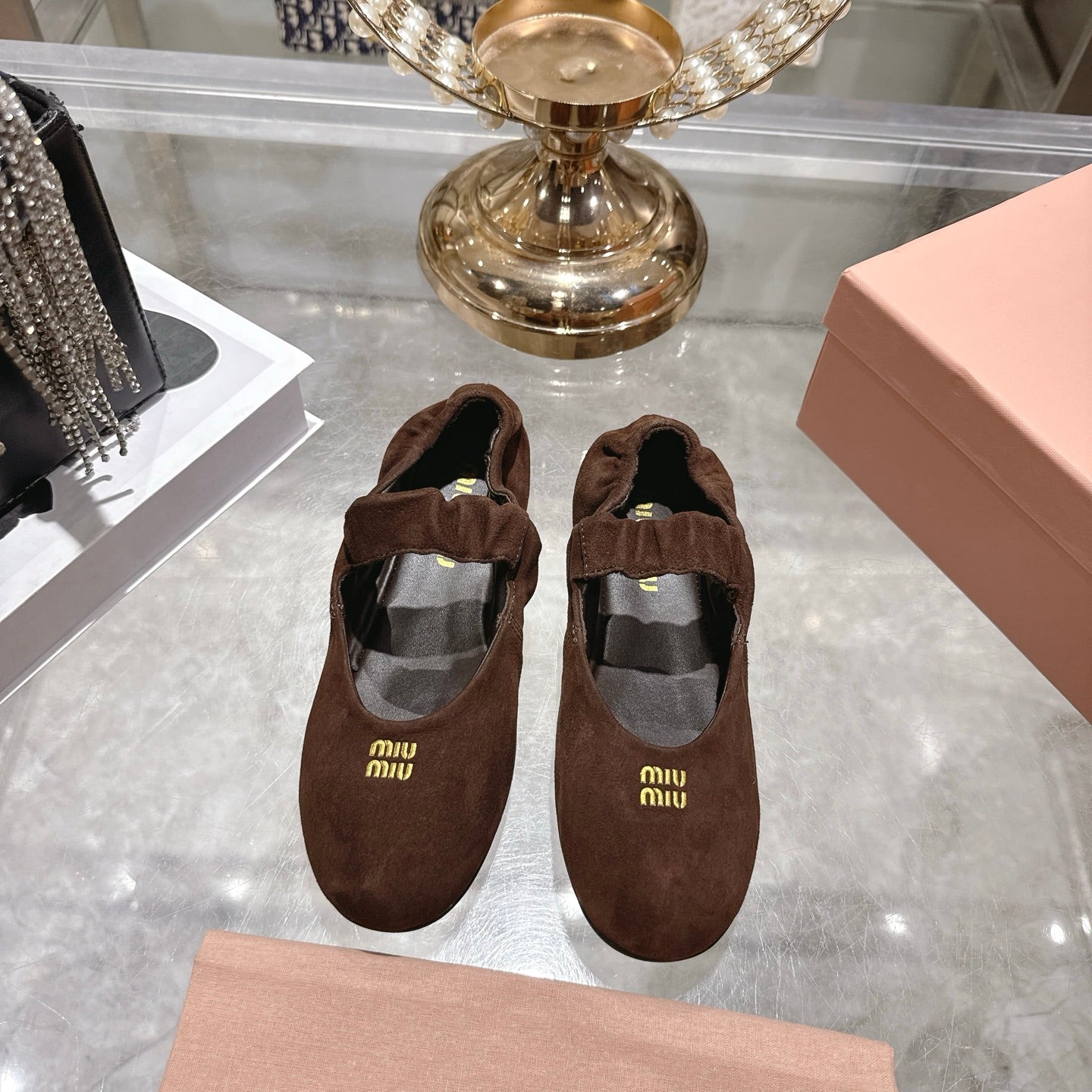 MIUMIU 26S MARY JANE FLATS IN DARK BROWN SUEDE ELASTIC STRAP
