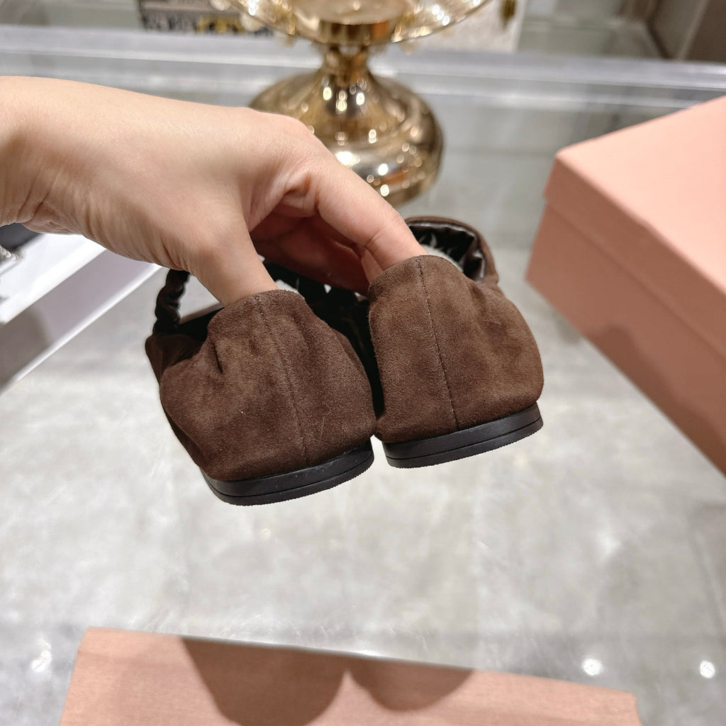 MIUMIU 26S MARY JANE FLATS IN DARK BROWN SUEDE ELASTIC STRAP