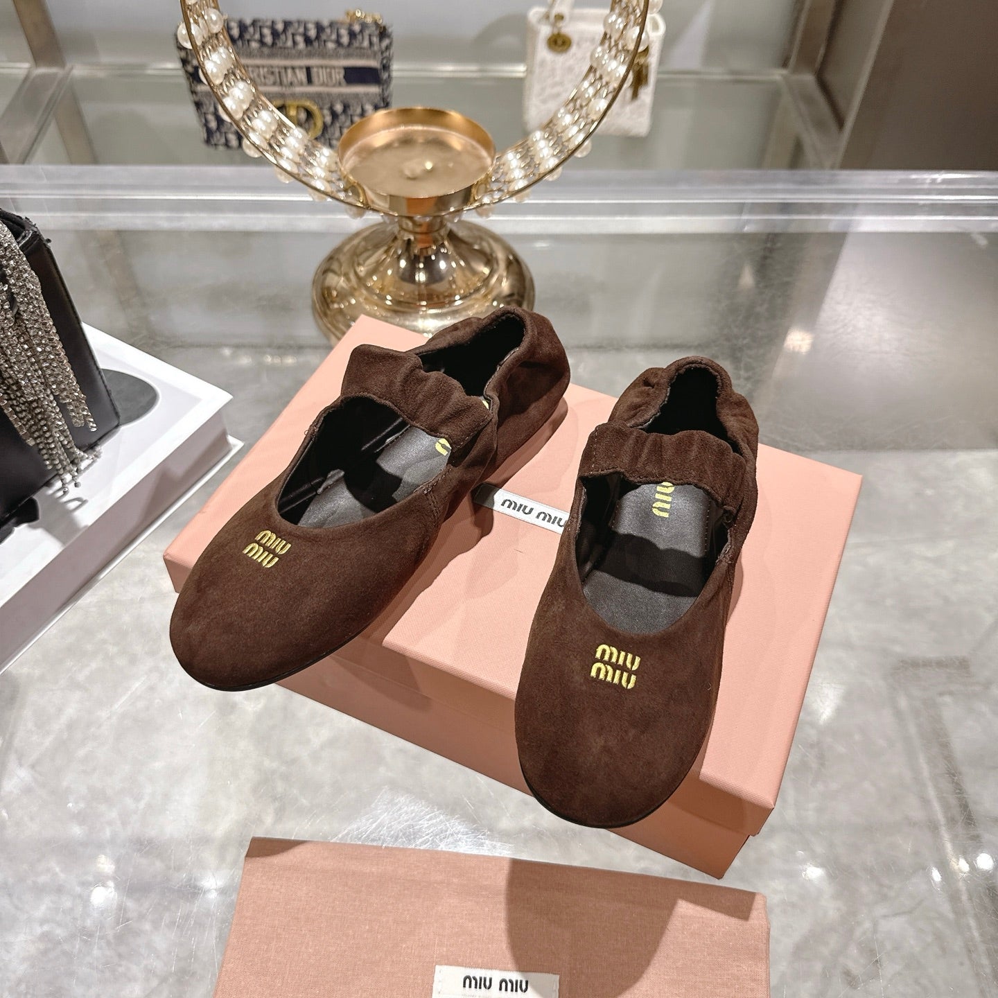 MIUMIU 26S MARY JANE FLATS IN DARK BROWN SUEDE ELASTIC STRAP