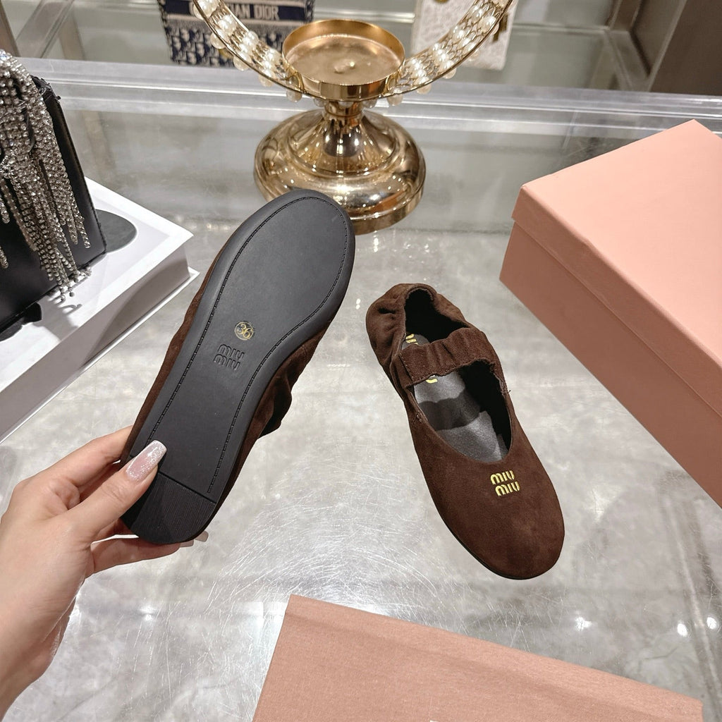 MIUMIU 26S MARY JANE FLATS IN DARK BROWN SUEDE ELASTIC STRAP