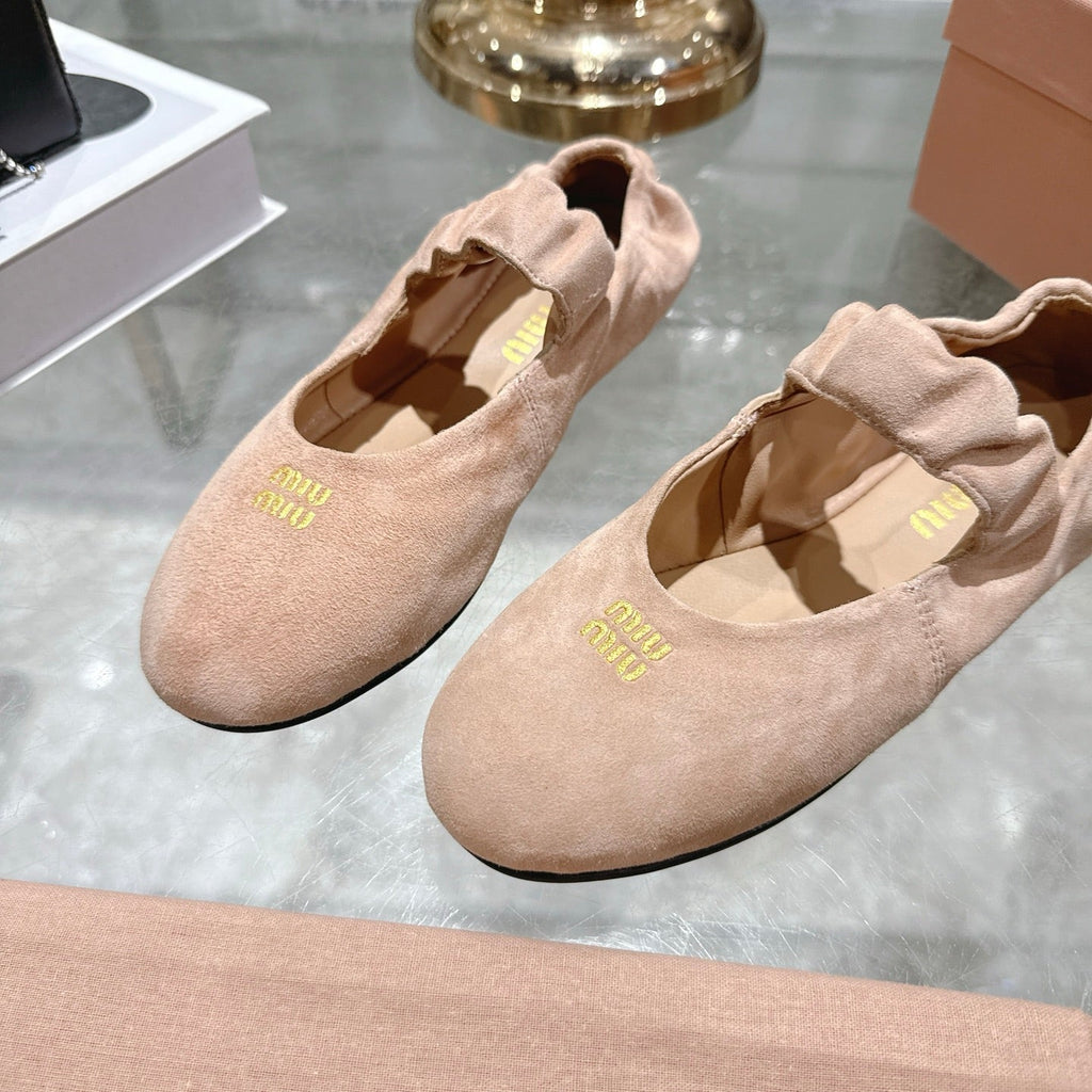 MIUMIU 26S MARY JANE FLATS IN LIGHT PINK SUEDE ELASTIC STRAP