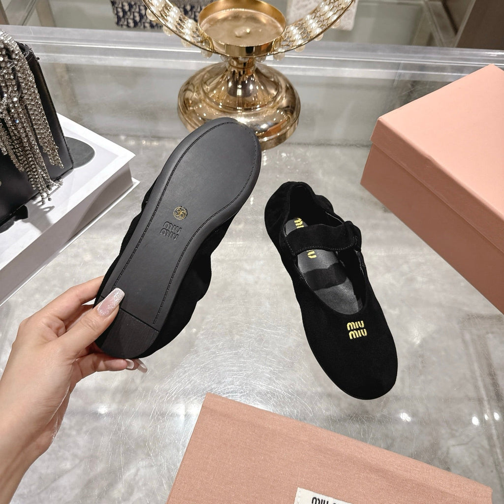 MIUMIU 26S MARY JANE FLATS IN BLACK SUEDE ELASTIC STRAP