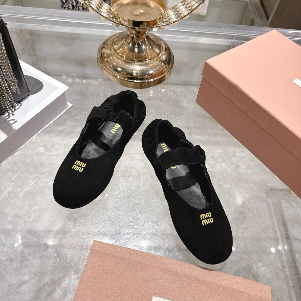 MIUMIU 26S MARY JANE FLATS IN BLACK SUEDE ELASTIC STRAP