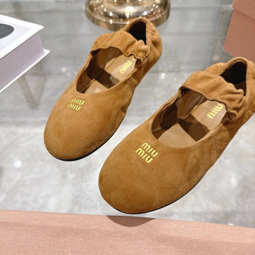 MIUMIU 26S MARY JANE FLATS IN BROWN SUEDE ELASTIC STRAP