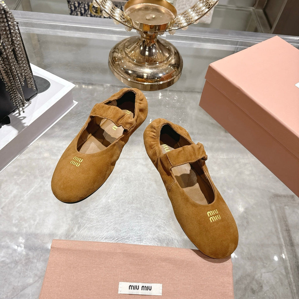 MIUMIU 26S MARY JANE FLATS IN BROWN SUEDE ELASTIC STRAP