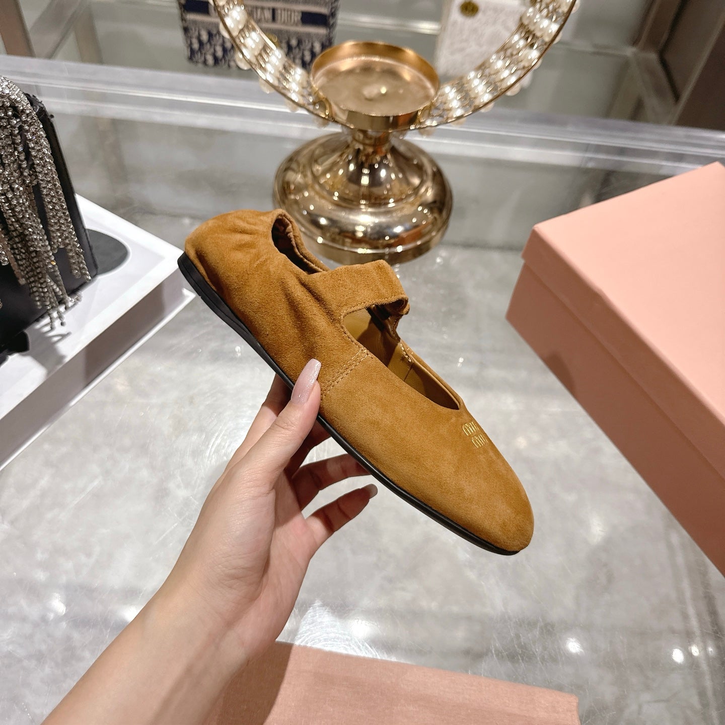 MIUMIU 26S MARY JANE FLATS IN BROWN SUEDE ELASTIC STRAP