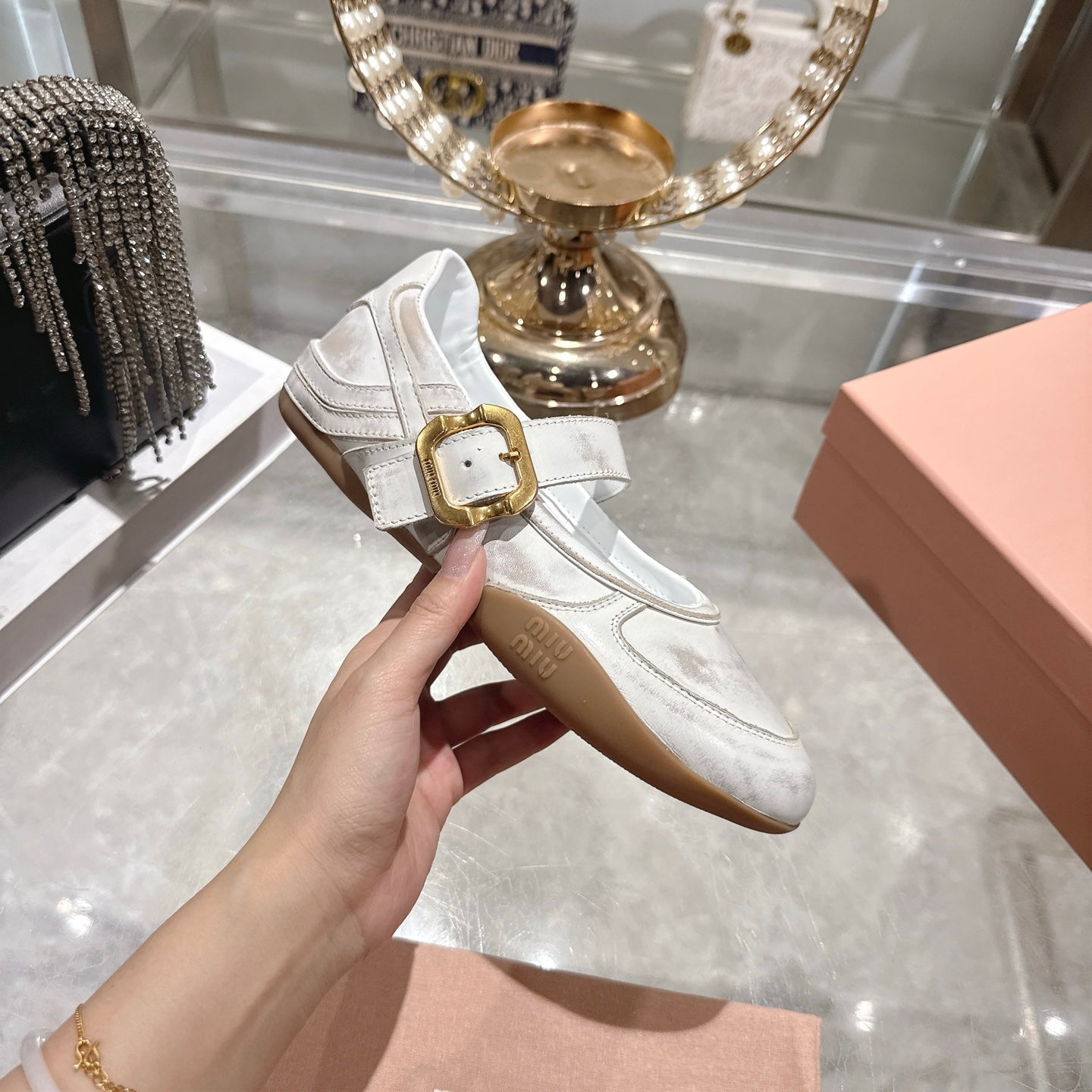 MIUMIU 26S MARY JANE FLATS IN WHITE CALFSKIN GOLD BUCKLE