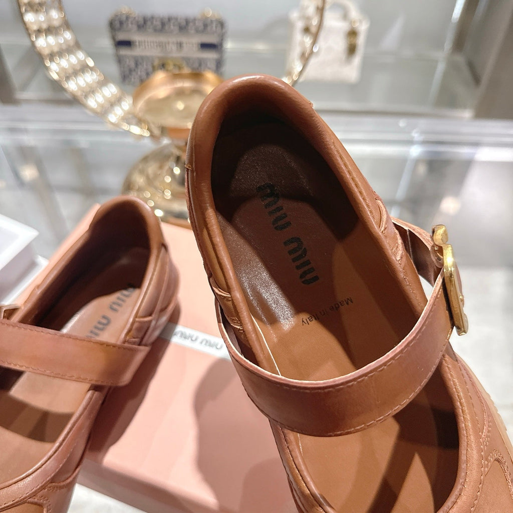MIUMIU 26S MARY JANE FLATS IN CARAMEL BROWN CALFSKIN GOLD BUCKLE
