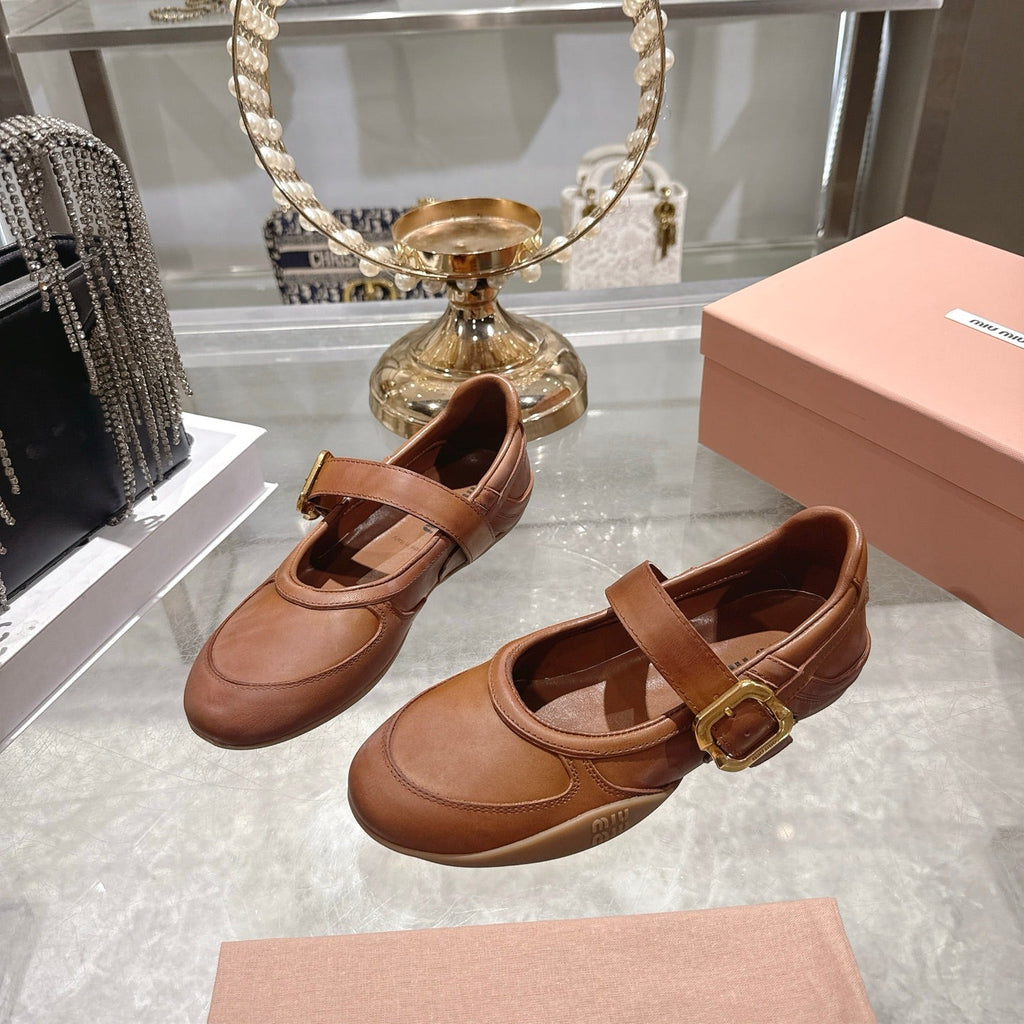 MIUMIU 26S MARY JANE FLATS IN CARAMEL BROWN CALFSKIN GOLD BUCKLE