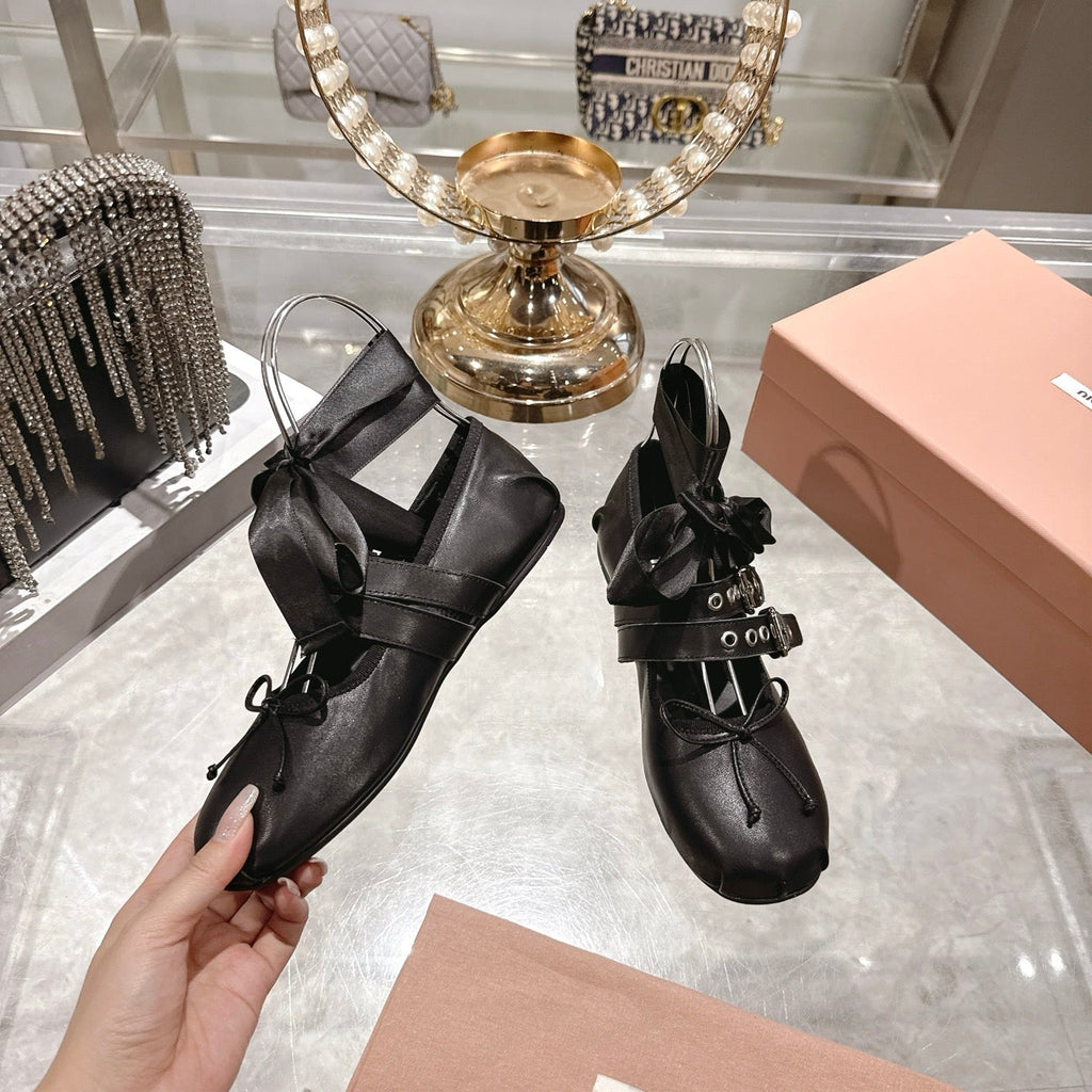 MIUMIU 26S SLINGBACK BALLET FLATS IN BLACK CALFSKIN SILVER HARDWARE