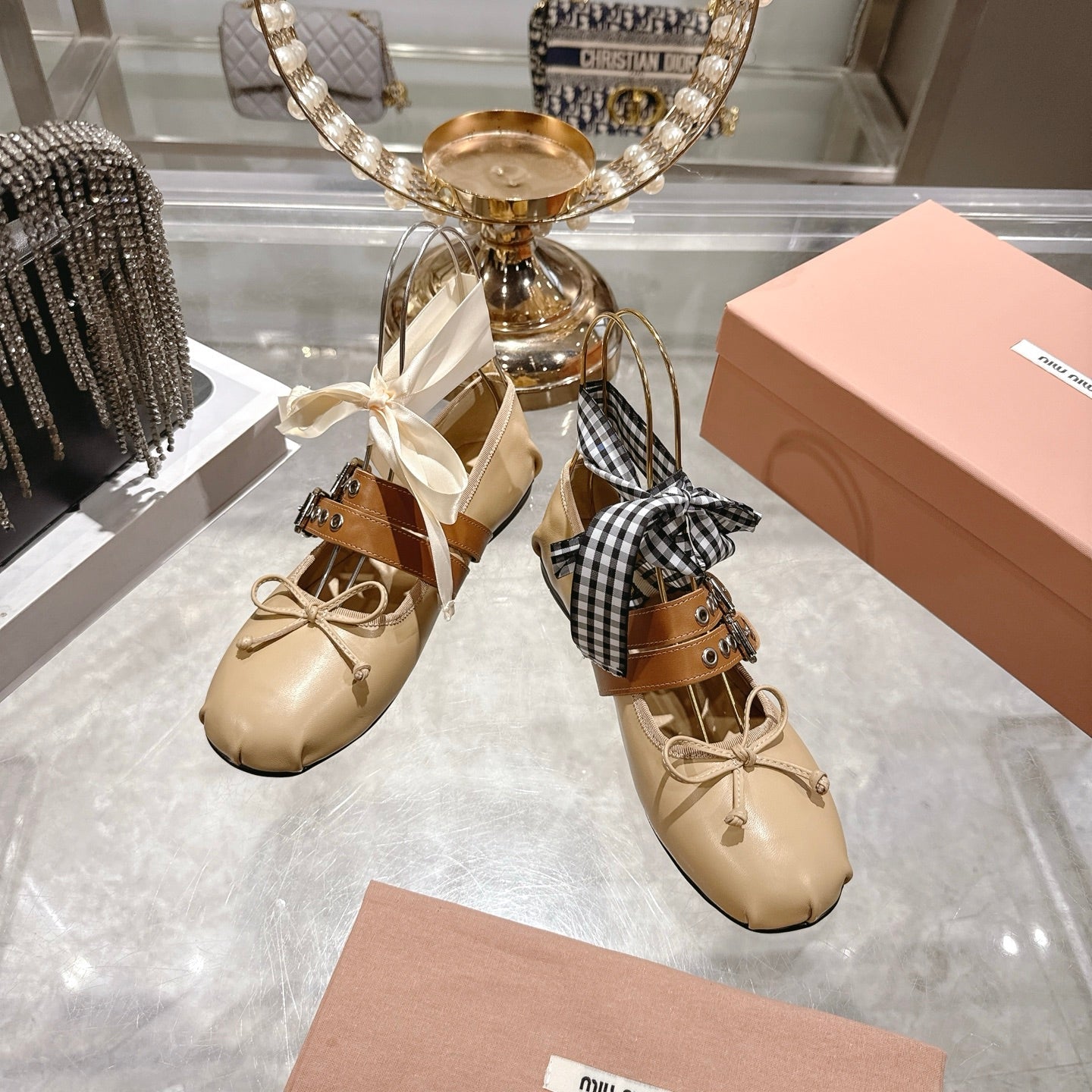 MIUMIU 26S SLINGBACK BALLET FLATS IN BEIGE CALFSKIN AND BROWN STRAP RIBBON