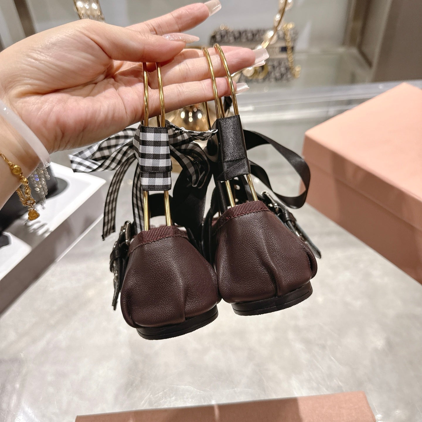 MIUMIU 26S SLINGBACK BALLET FLATS IN DARK BROWN CALFSKIN AND BLACK STRAP RIBBON