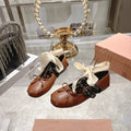 MIUMIU 26S SLINGBACK BALLET FLATS IN CARAMEL BROWN CALFSKIN AND BLACK STRAP RIBBON